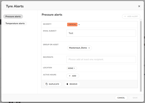Tyres - Set up pressure alert