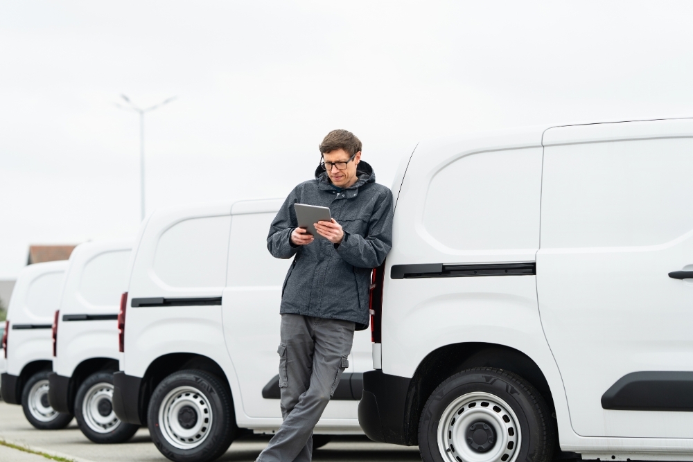 male fleet manager with tablet beside white vans