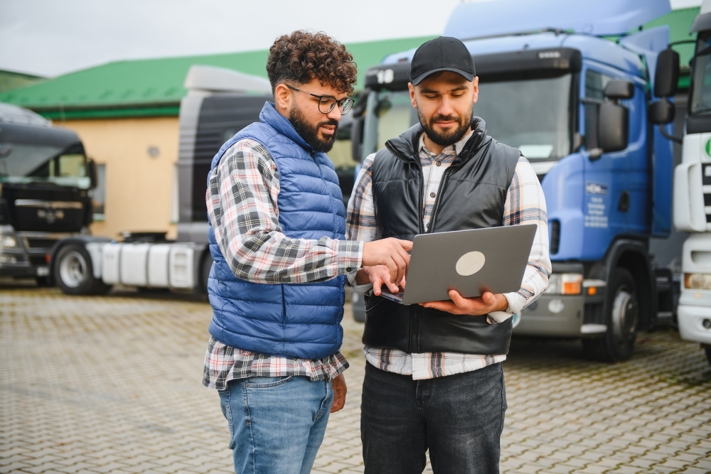 Responsabile della flotta e autista che guardano il computer portatile