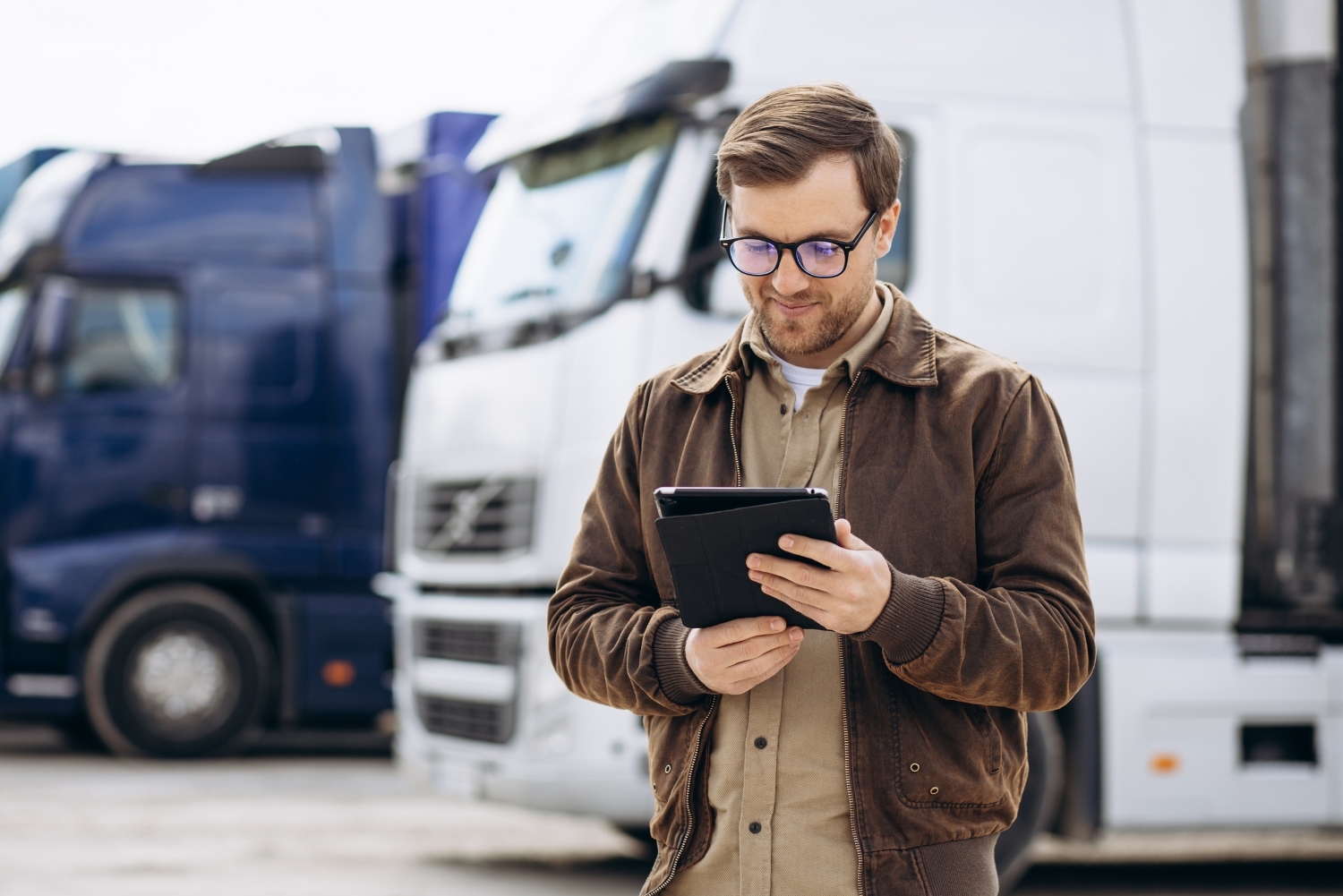 manager in brown clothes looking at a tablet in front of hgvs